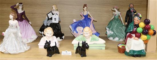 Royal Doulton figures: Vera, Gladys, Old Balloon Seller, Best Wishes, Silver Wedding Anniversary, Special Wishes, Autumn Stroll, (9)